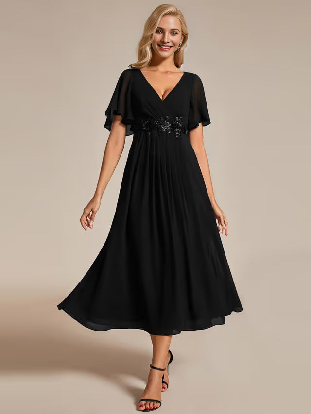 Ever-Pretty V-Neck Pleated A-Line Petite Dress for Wedding Guest – Burnt Black 10UK