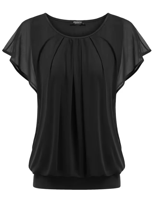 Women's Mesh Batwing Blouse Double-Layer Loose Flowy – Black XL