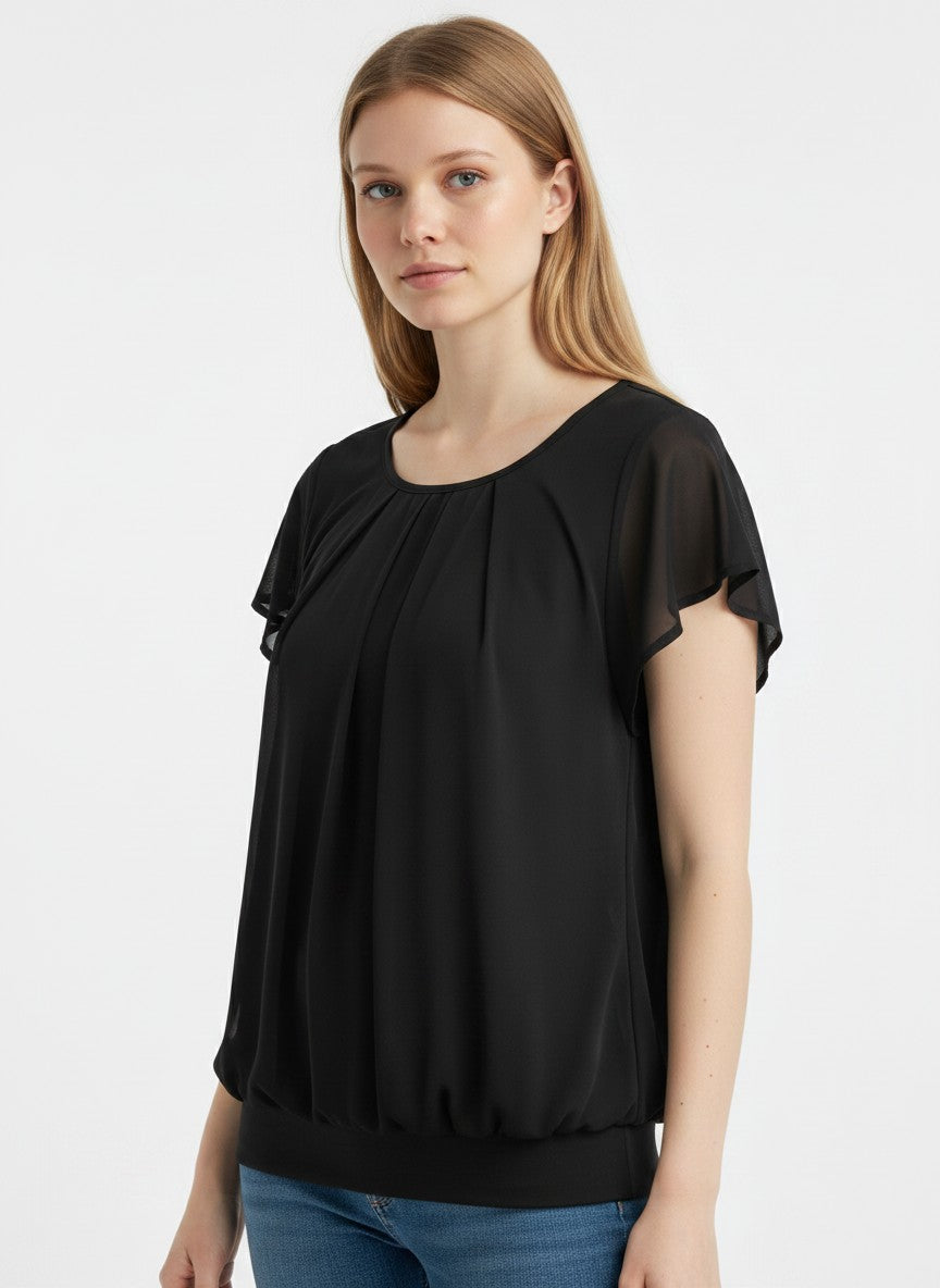 Women's Mesh Batwing Blouse Double-Layer Loose Flowy – Black XL