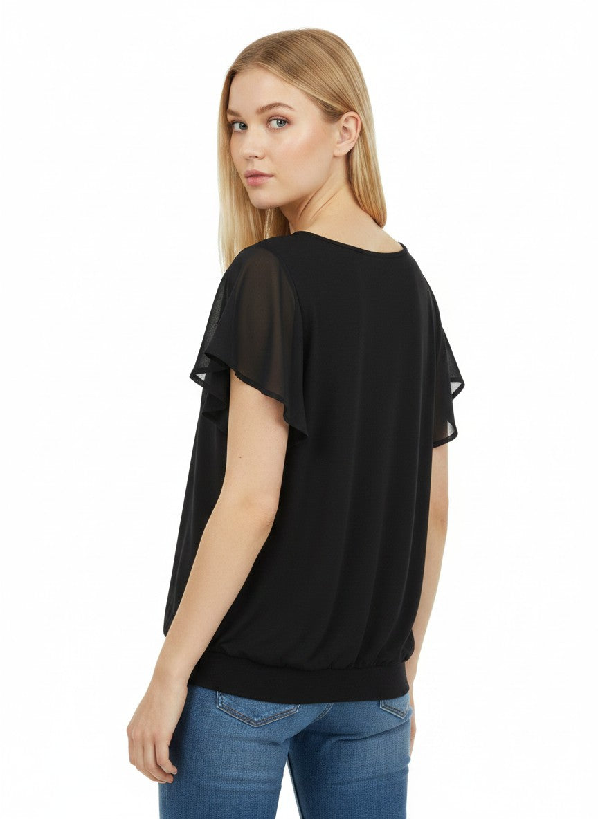 Women's Mesh Batwing Blouse Double-Layer Loose Flowy – Black XL