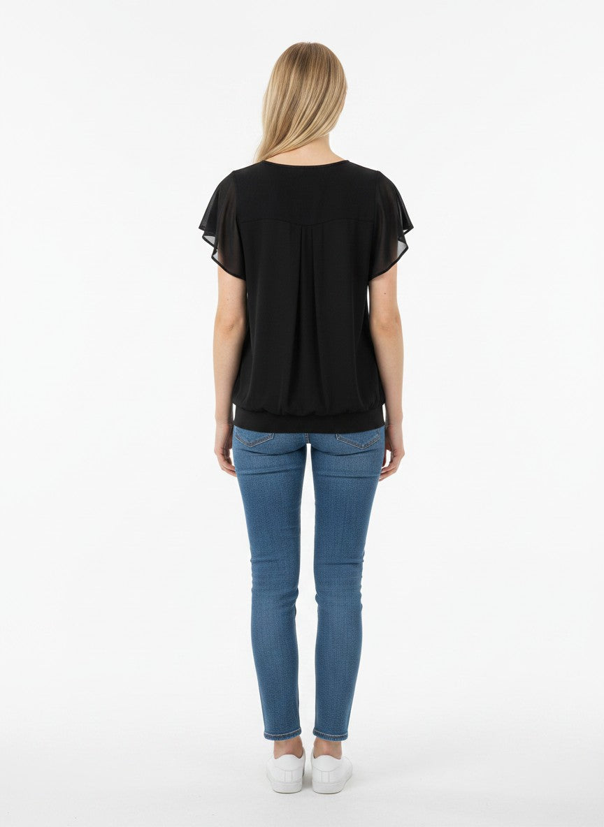 Women's Mesh Batwing Blouse Double-Layer Loose Flowy – Black XL