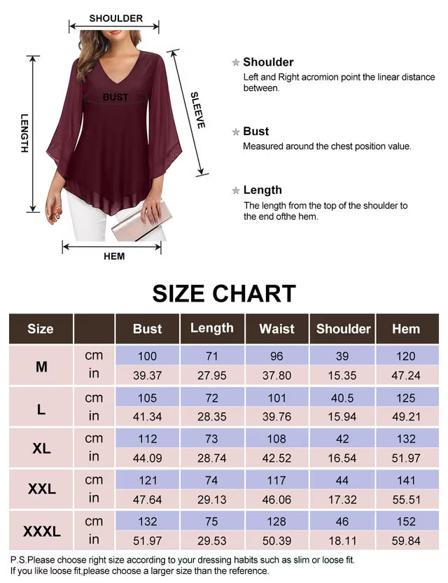 Gemulate Ladies Chiffon Top Ruffle 3/4 Sleeve Blouse – Dark Red M
