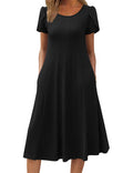 Women’s Crew Neck Summer Midi Dress Short Sleeve with Pockets – Black M
