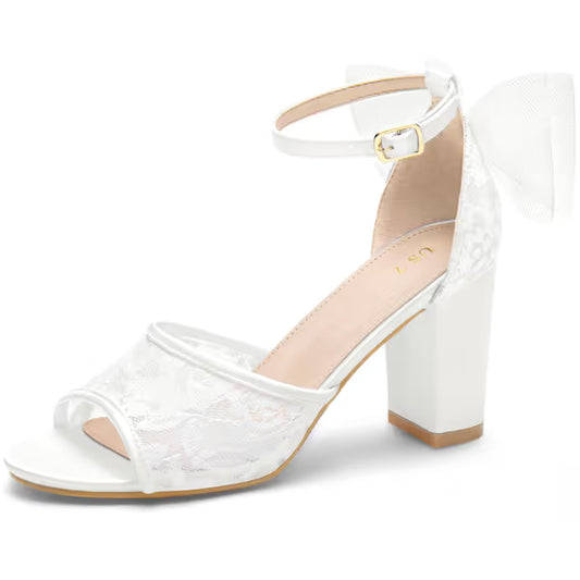 Women's Lace Open-Toe Bow Block Heel Sandals Party Wedding – As Shown