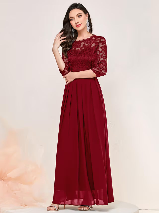 Retro Floral Lace 3/4 Sleeve Bridesmaid Maxi Dress – Red XX‑Large