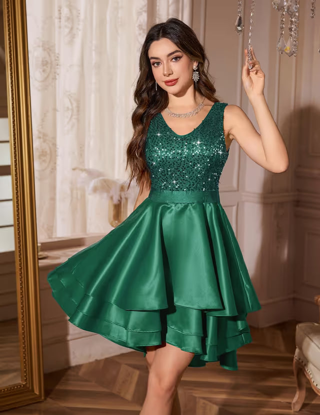 Women's Satin Homecoming Dress Sequin V-neck A-line – Dark Green S