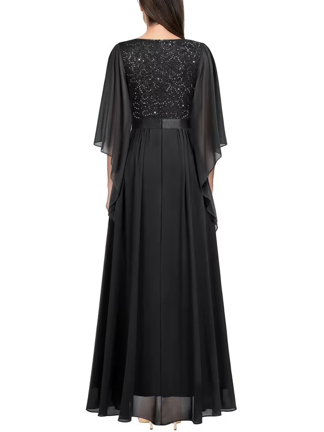 Women’s Sequin Insert Lace Chiffon Evening Maxi Dress Deep V Flare Sleeve – Black XXL