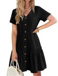 HOTOUCH Summer Dresses for Women UK Button Down Mini Dress Cotton Linen Dress Short Sleeve Beach Dress Ruffle Hem Casual Dress Black L
