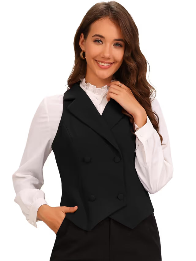 Allegra K Notched Lapel Waistcoat Vest for Women's Double Breasted V Neck Sleeveless Workwear Suit Vests Black M