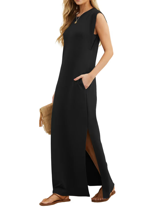 Women's Casual Summer Maxi Dress with Pockets – Black Size XXL