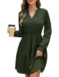 Women's V-Neck Jumper Dress Long Sleeve Elastic Waist Midi with Pockets – Green