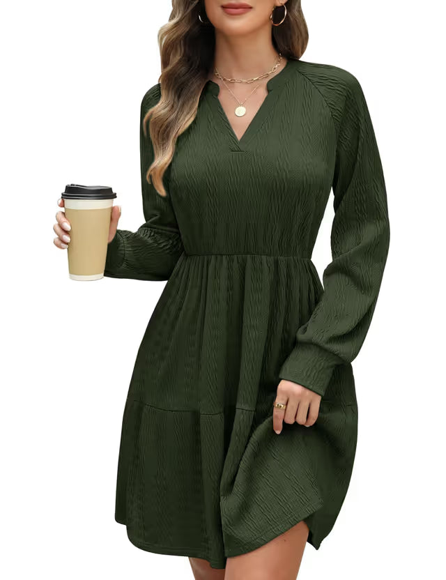 Women's V-Neck Jumper Dress Long Sleeve Elastic Waist Midi with Pockets – Green