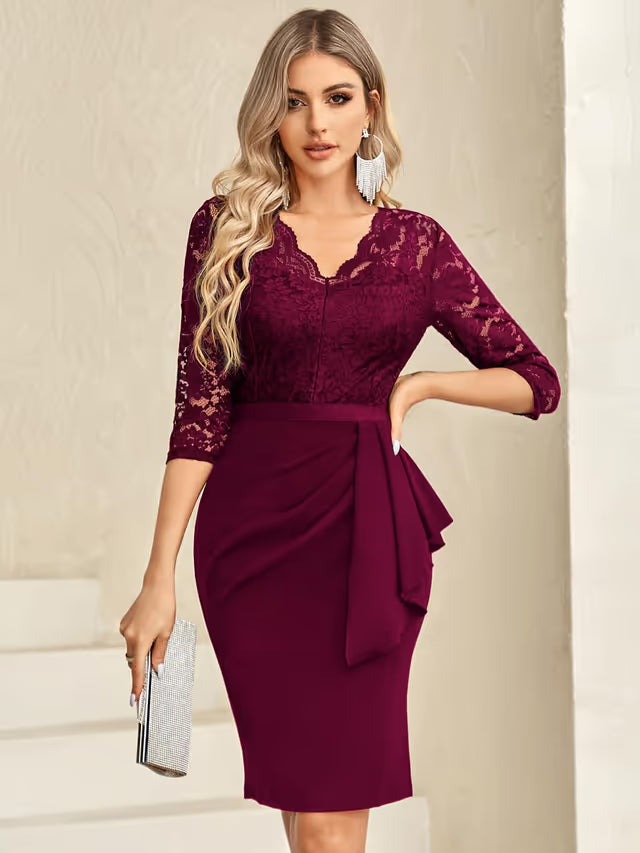Women's Vintage Lace V-Neck 3/4 Sleeve Bodycon Cocktail Dress Formal Wedding Guest – Wine L