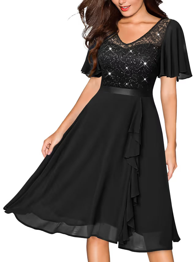 Miusol Cocktail Swing Dress Women's 2XL Black Short Sleeves Ruffle Lace Sequins