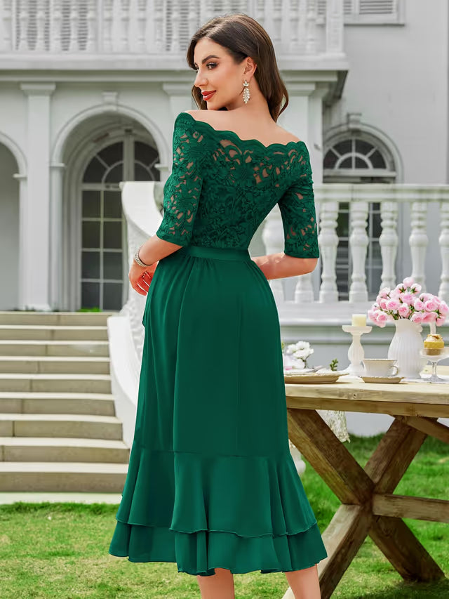 Women's Off-Shoulder Lace Chiffon Midi Dress 2/3 Sleeve Double Hem – Dark Green XL