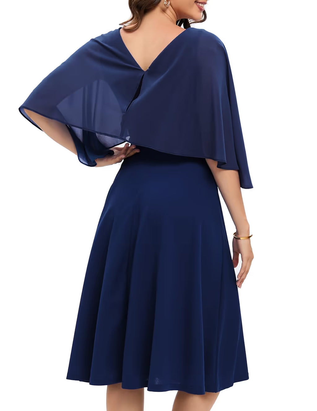 Finadressr Chiffon Overlay Cape Dress Women's Size Small Navy Blue Boat Neck