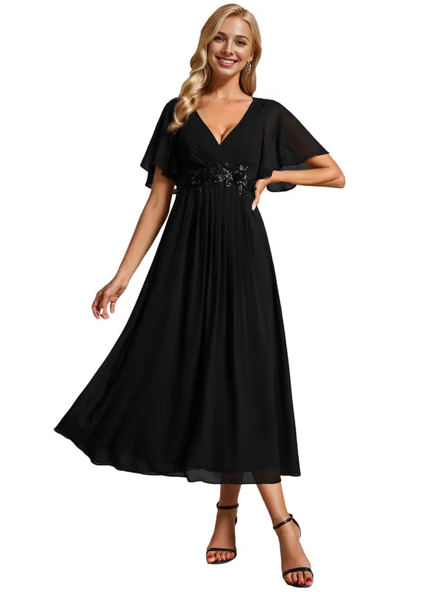 Ever-Pretty V-Neck Pleated A-Line Petite Dress for Wedding Guest – Burnt Black 10UK