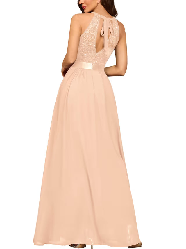 Women’s Halter Neck Maxi Dress Lace & Sequin – Champagne XXL
