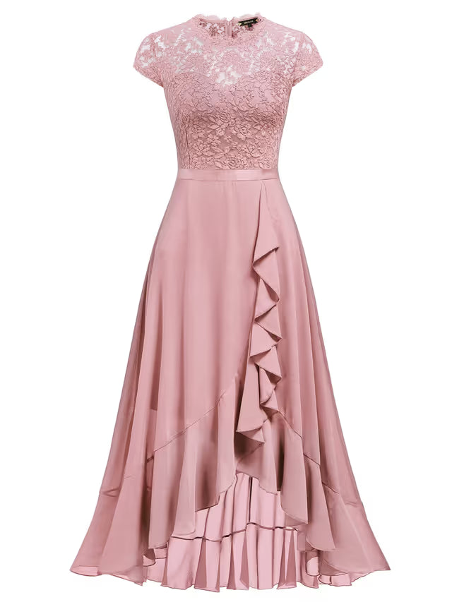 Women’s Floral Lace Ruffle Maxi Dress Evening Wedding Guest – Pink XL
