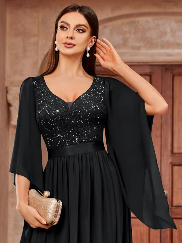 Women’s Sequin Insert Lace Chiffon Evening Maxi Dress Deep V Flare Sleeve – Black XXL