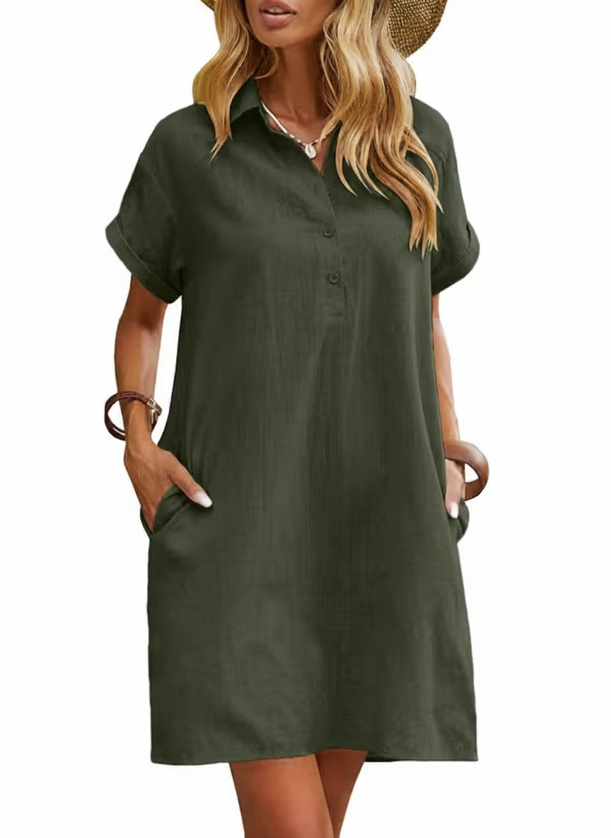 Zeagoo Womens Summer Linen Dress Casual Beach Mini Short Dresses Tunic Dress with Pockets Army Green L