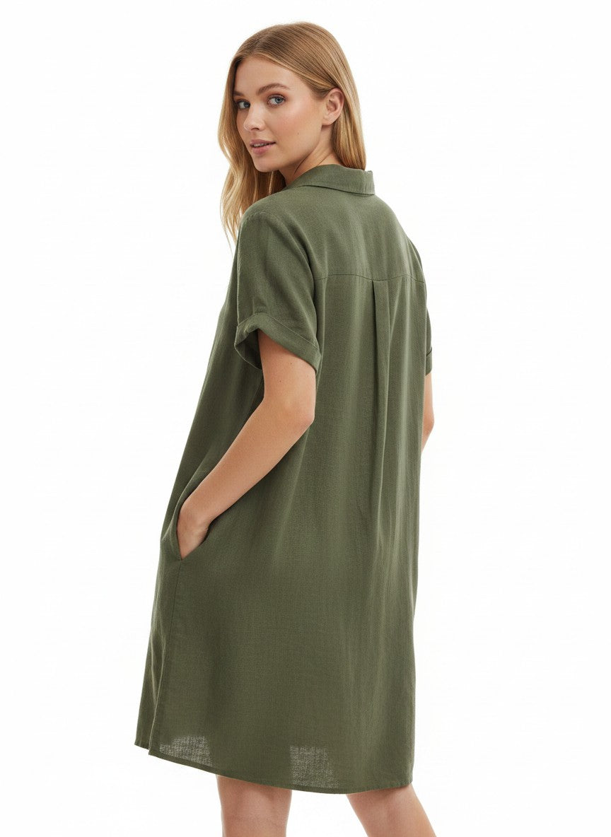 Zeagoo Womens Summer Linen Dress Casual Beach Mini Short Dresses Tunic Dress with Pockets Army Green L