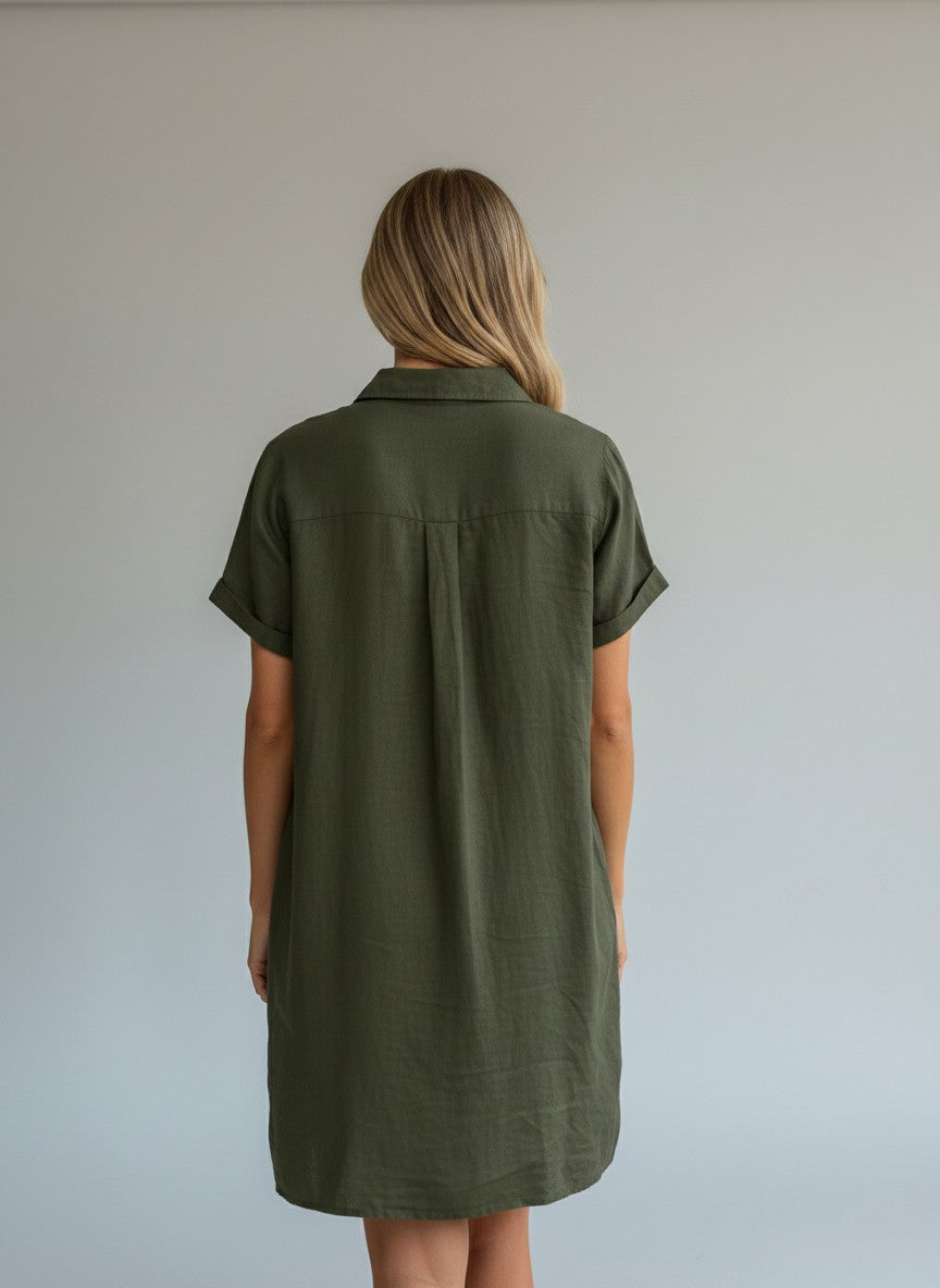 Zeagoo Womens Summer Linen Dress Casual Beach Mini Short Dresses Tunic Dress with Pockets Army Green L