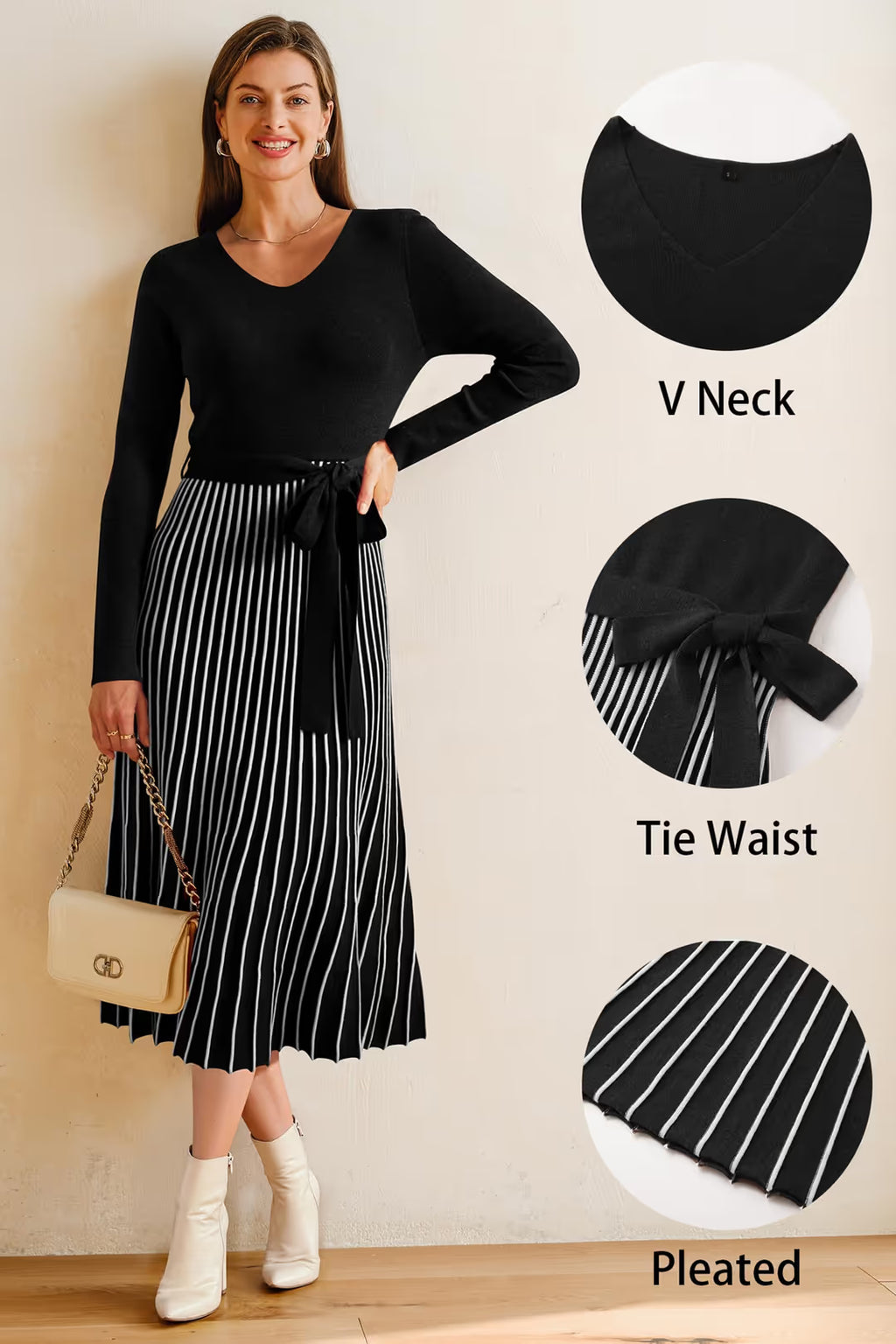 Arach&Cloz Knitted V-Neck Striped Dress Women's Size XL Black White Long Sleeve