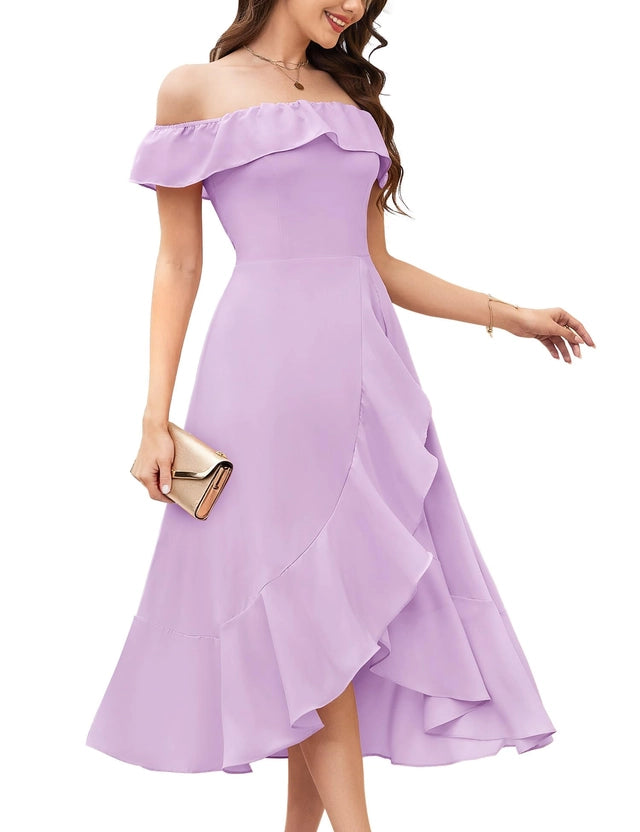 Aupuls Off Shoulder Midi Dress Women's Size Small Lavender Chiffon Ruffle Hem
