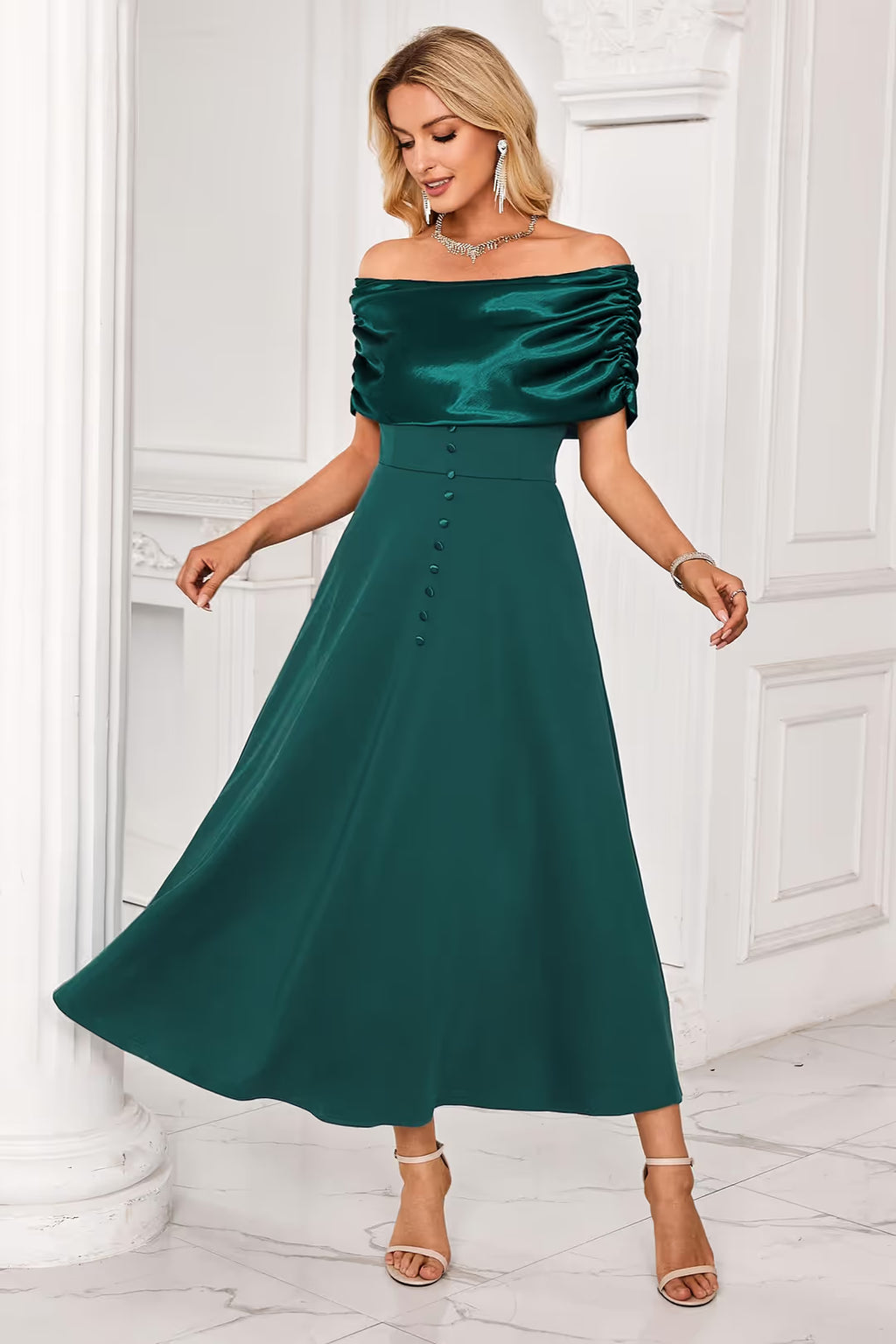 Newshows Off Shoulder Elegant Ruched Swing Dress Women Size Medium Green Zipper