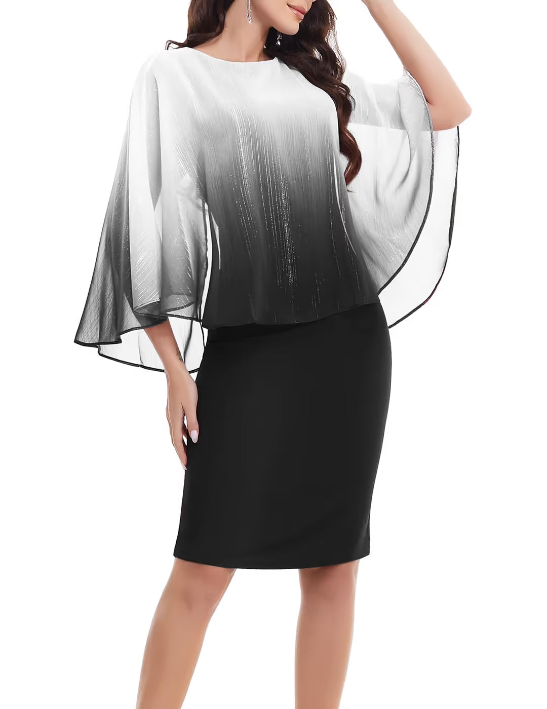 Gardenwed Cape Chiffon Dress Women's Size Small Black Bodycon Knee Length Formal
