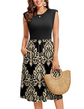 Women's Sleeveless A-Line Midi Dress Round Neck Pockets Floral – S