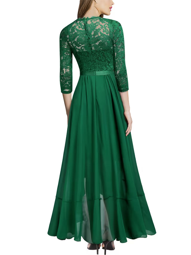 Women's Scoop Neck Floral Lace Maxi Formal Wedding Dress – Dark Green XXL