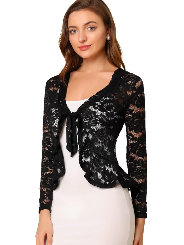 Allegra K Women's Bolero Shrugs, Lace Shrug, Long Sleeve Floral Crop Cardigans Black L-16