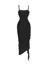 Women's Ruched Asymmetrical Ruffle Trim Dress – Black Large