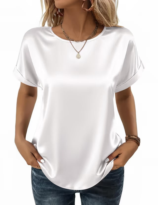 Women's Satin Short Sleeve Blouse Elegant Summer Basic