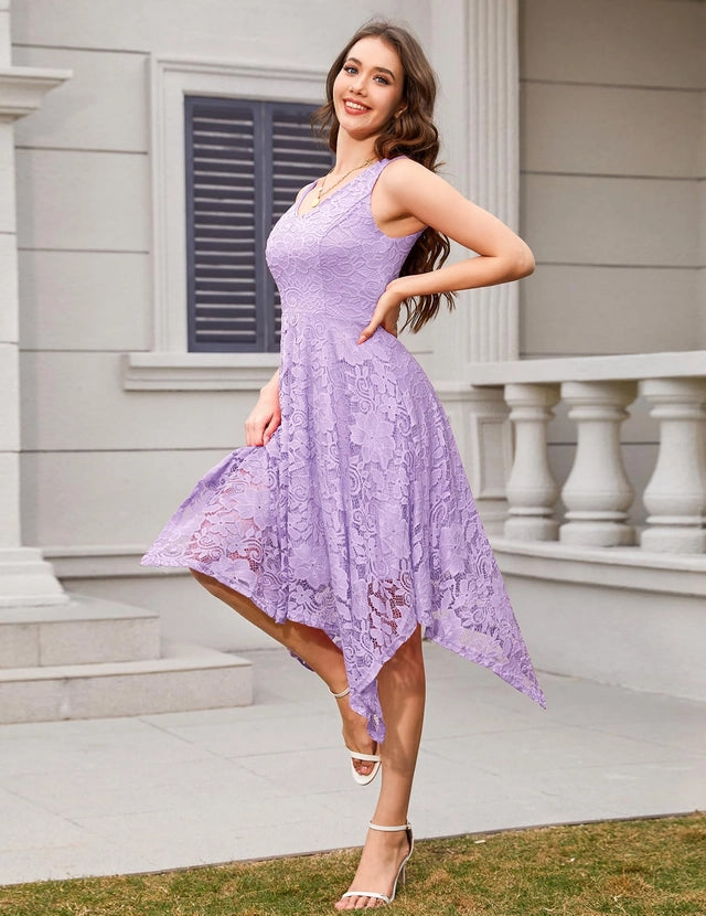 Cocktail Party Dress Women's Medium Lavender Sleeveless V-Neck Handkerchief Hem