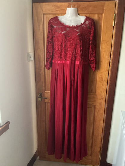 Retro Floral Lace 3/4 Sleeve Bridesmaid Maxi Dress – Red XX‑Large