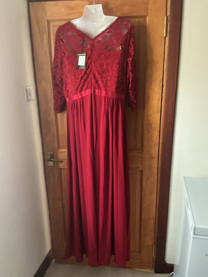 Retro Floral Lace 3/4 Sleeve Bridesmaid Maxi Dress – Red XX‑Large