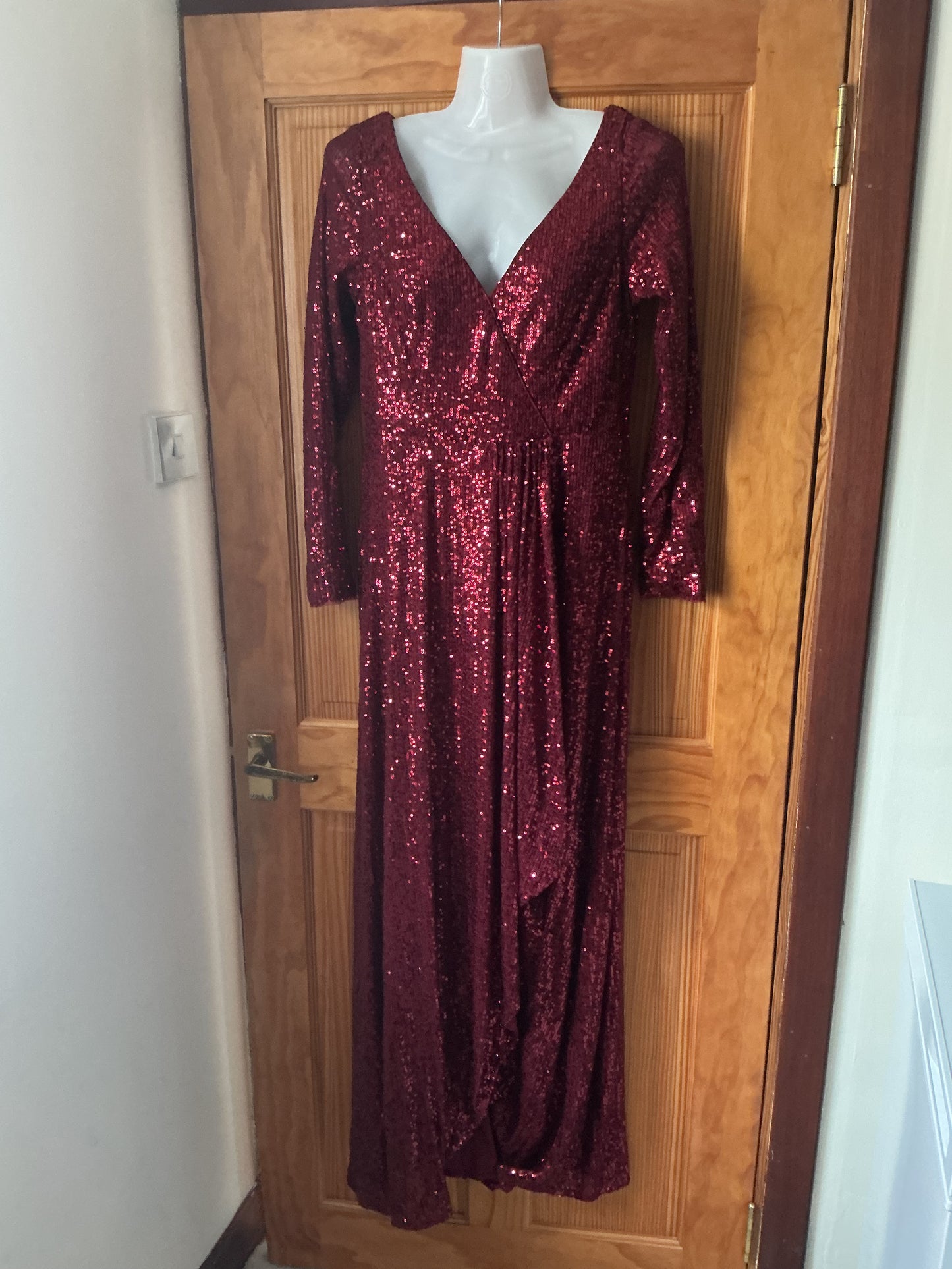 Party Sequin Maxi Dress Halter Neck Bodycon Mermaid – Red XL