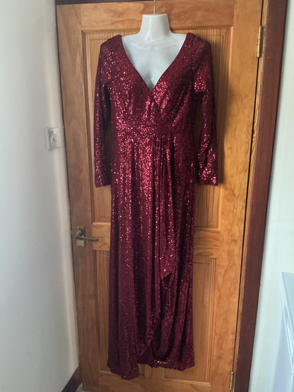 Party Sequin Maxi Dress Halter Neck Bodycon Mermaid – Red XL