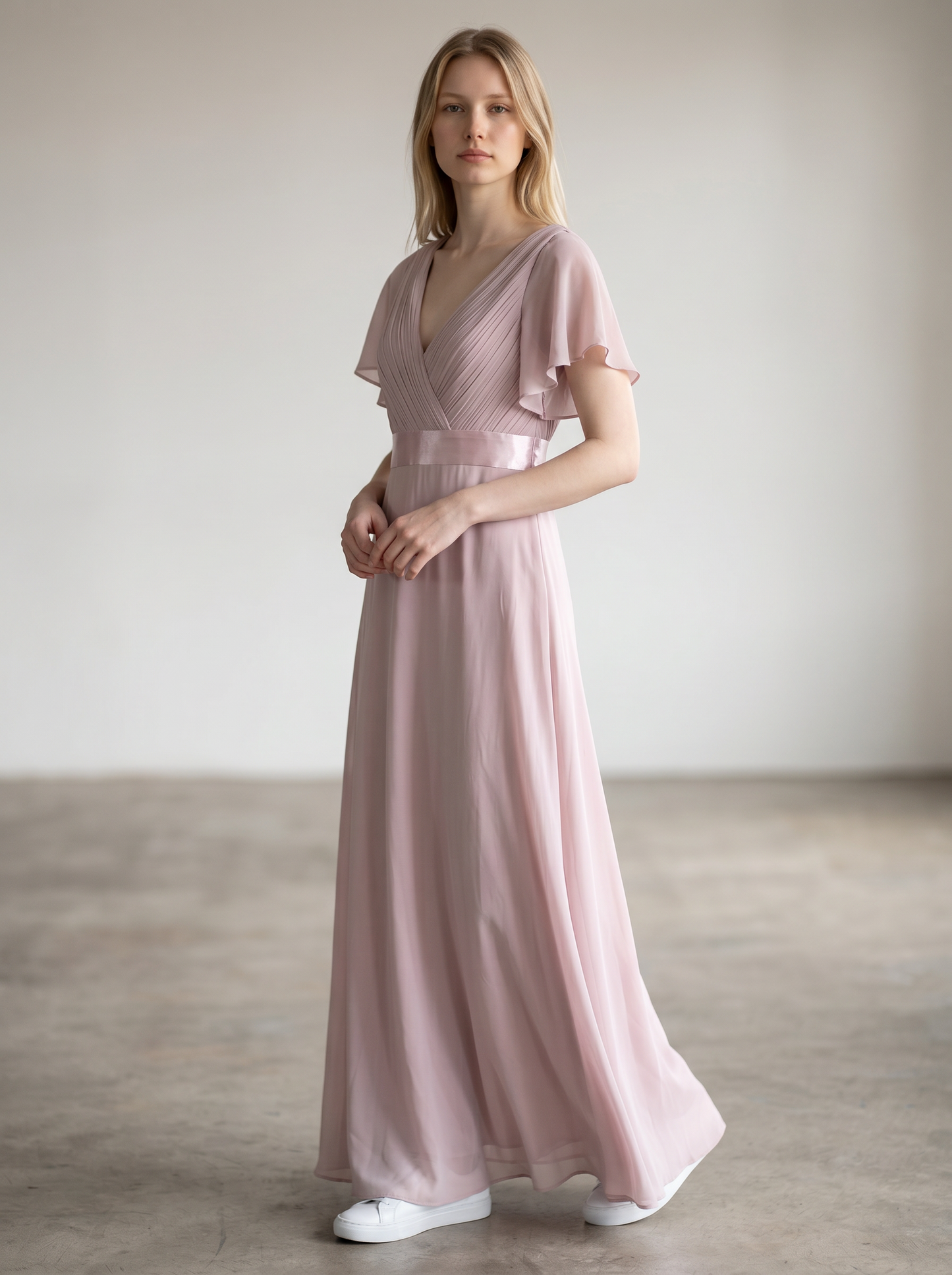 Ever-Pretty Double V-Neck Chiffon Bridesmaid Dress Empire Waist Short Flutter Sleeves – Lilac UK12