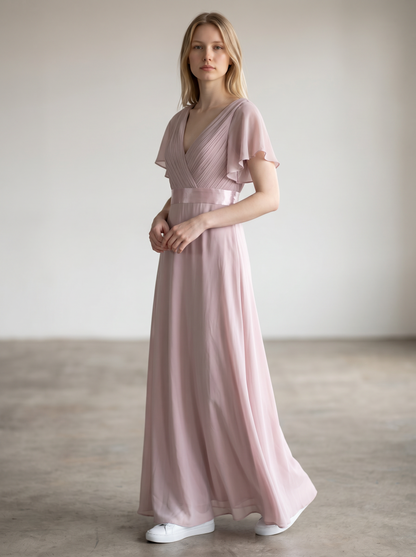 Ever-Pretty Double V-Neck Chiffon Bridesmaid Dress Empire Waist Short Flutter Sleeves – Lilac UK12