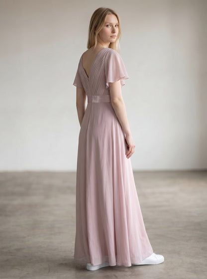 Ever-Pretty Double V-Neck Chiffon Bridesmaid Dress Empire Waist Short Flutter Sleeves – Lilac UK12