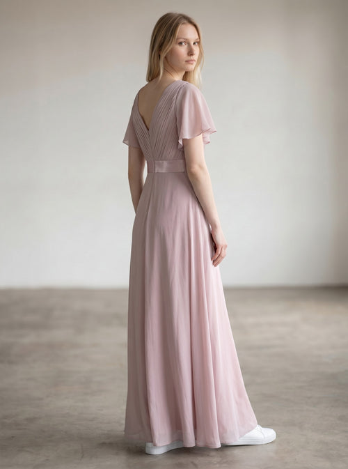 Ever-Pretty Double V-Neck Chiffon Bridesmaid Dress Empire Waist Short Flutter Sleeves – Lilac UK12