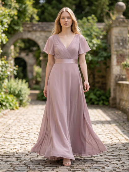 Ever-Pretty Double V-Neck Chiffon Bridesmaid Dress Empire Waist Short Flutter Sleeves – Lilac UK12
