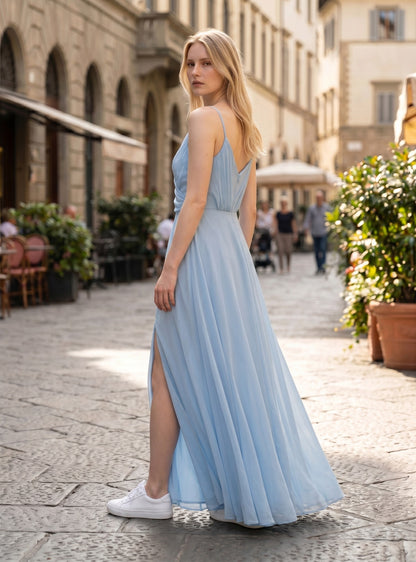 Ever-Pretty A-Line Prom Dress Spaghetti Straps V-Neck Chiffon Slit – Ice Blue UK 16