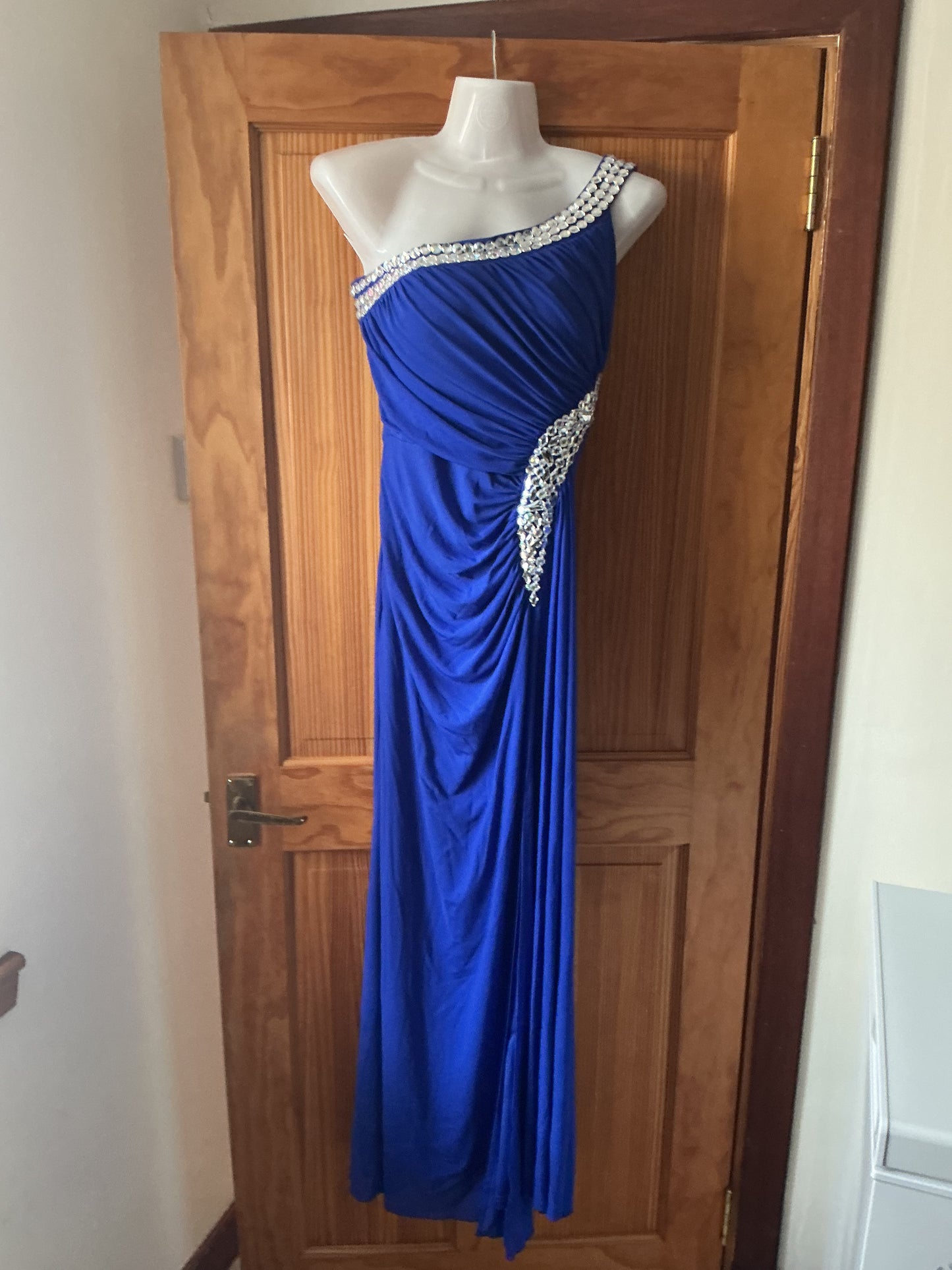 Women's One-Shoulder Evening Gown Ruching Beading Ribbon Soft – Royal Blue UK14