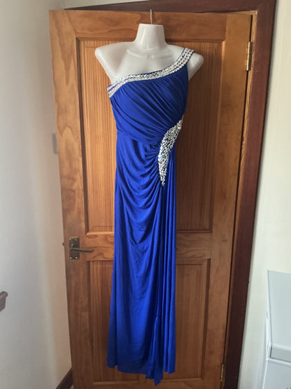 Women's One-Shoulder Evening Gown Ruching Beading Ribbon Soft – Royal Blue UK14