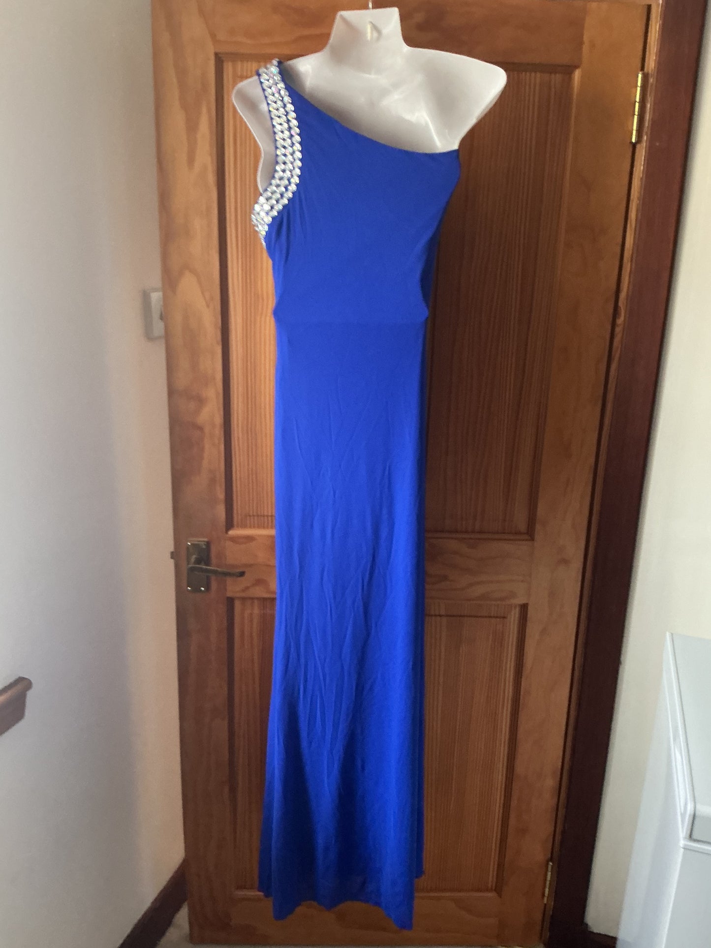 Women's One-Shoulder Evening Gown Ruching Beading Ribbon Soft – Royal Blue UK14